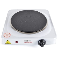 KitchenPerfected 1500W Single Hotplate / Cast Iron / Variable Heat Settings / Overheat Protection / Corrosion Resistant / Power Indicator / Non Slip Feet / Easy Clean - White