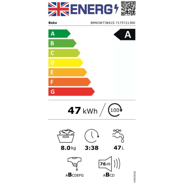 Beko BMN3WT3841S 8kg 1400 Spin RecycledTub Washing Machine - Silver
