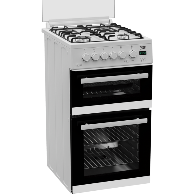 Beko EDG507W 50Cm Twin Cavity Gas Cooker with Gas Hob and Glass Lid - White