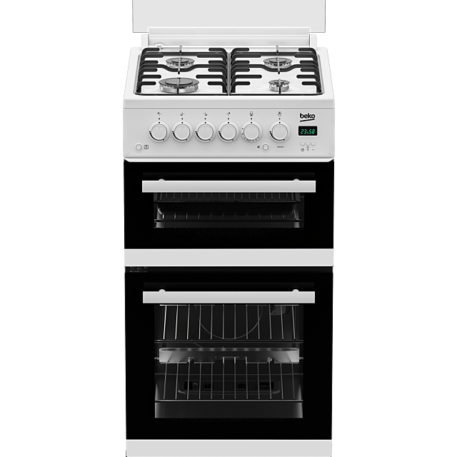 Beko EDG507W 50Cm Twin Cavity Gas Cooker with Gas Hob and Glass Lid - White