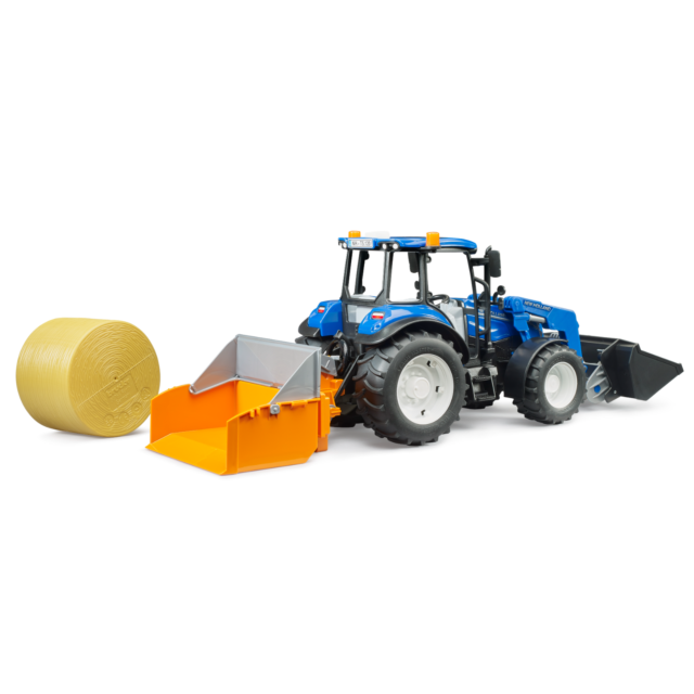 Bruder New Holland T5.120 with slip-on frontloader, dump box and forks
