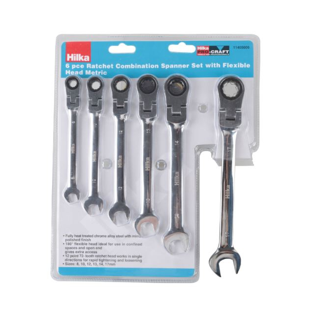 Hilka 6 pce Ratchet Spanner Set with Flexible Head Metric