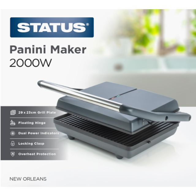 STATUS New Orleans 2‑Slice Sandwich Toaster Panini Press - 2 kW - Fixed Plate - Non‑Stick - Black